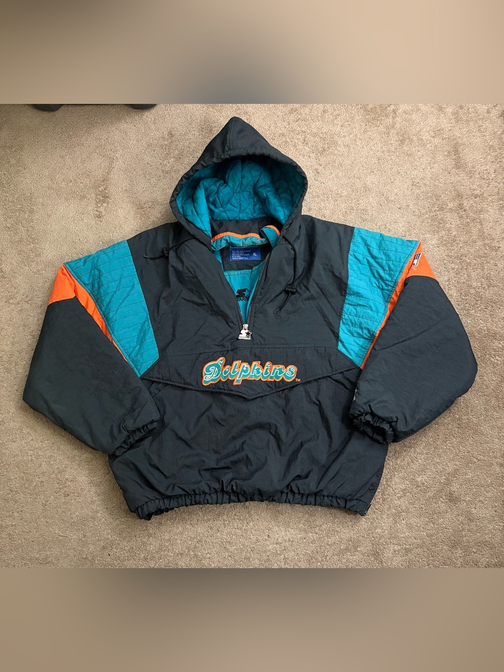 Vintage 90s Starter Miami Dolphins Jacket XL Puffer RARE MENS QUARTER ZIP
